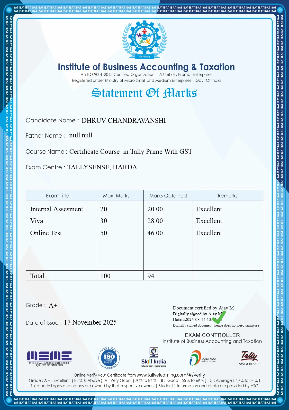 TallyPrime Marksheet
